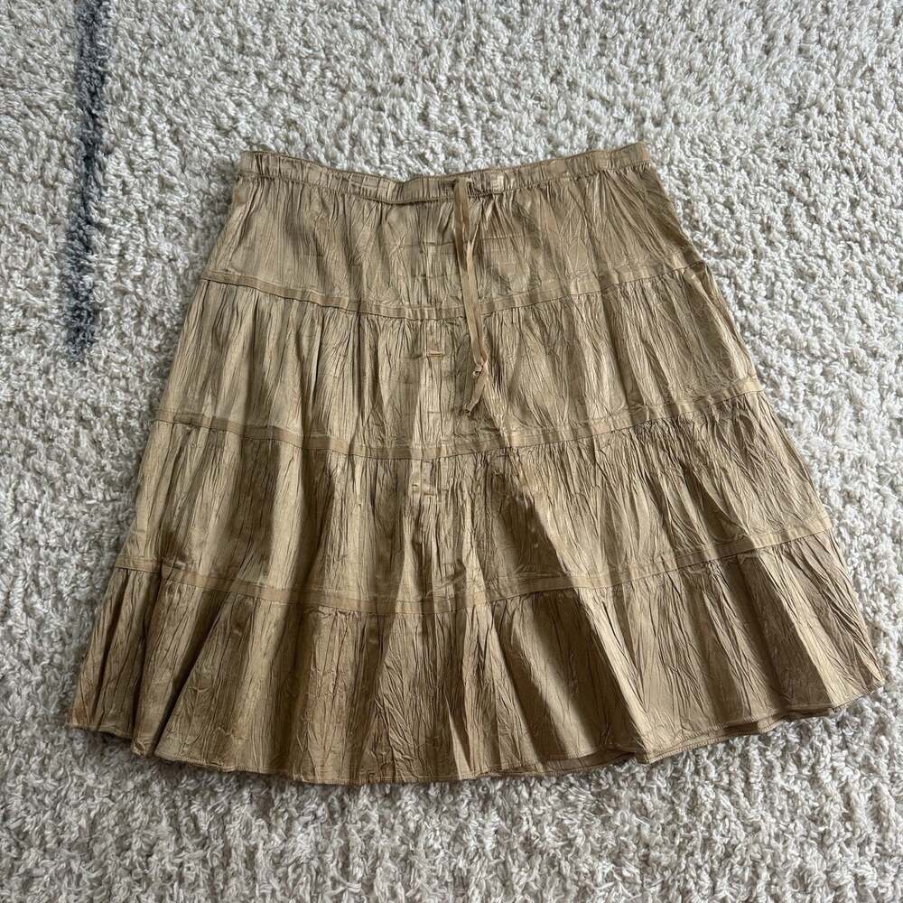 Vtg Y2K American Eagle Silk Skirt Boho Cottagecore Crinkle Midi Size 8 Gold Tan
